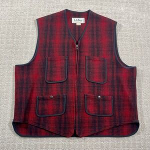 Vintage LL Bean Red Wool Buffalo Plaid Size Large 4 Pocket Full Zip Hunting Vest